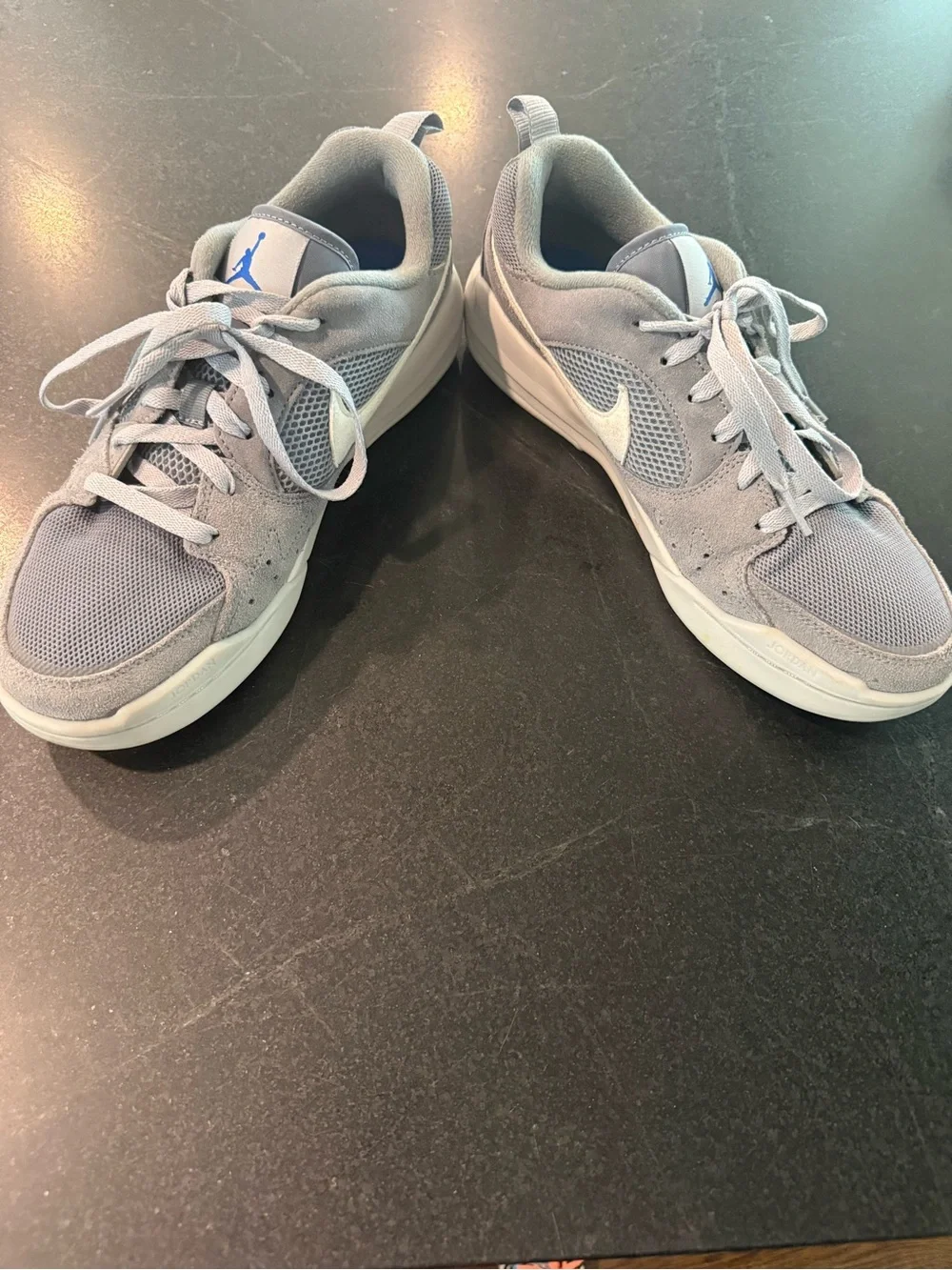 Jordan CMFT Era sneakers- Grey Suede & Mesh Sneakers with Blue Jordan logo.